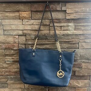 Michael Kors Navy Blue Leather Large Chain Jet Set Tote Purse Pocketbook